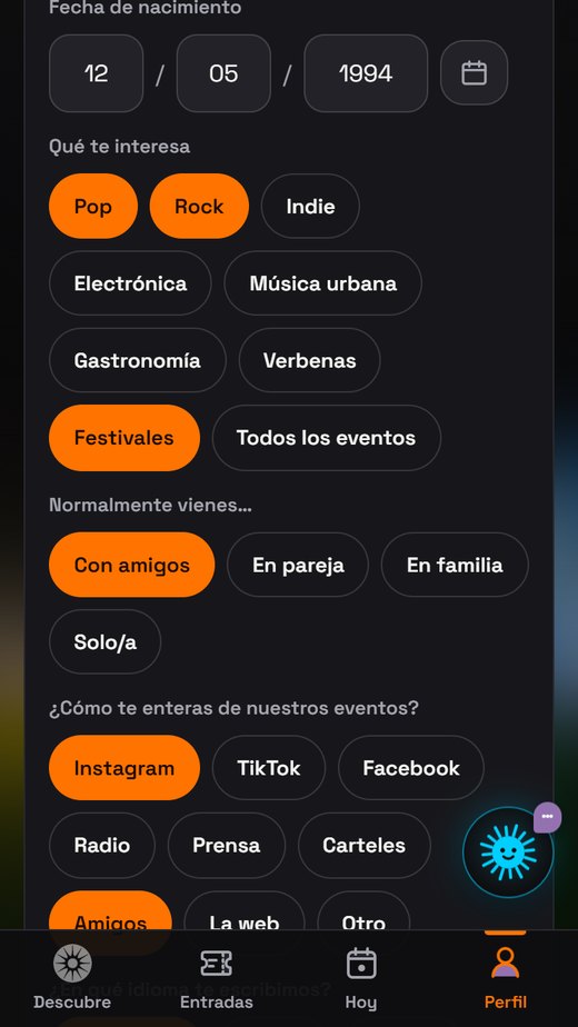 Pantalla «Mis datos» de la app: estilos que le interesan, con quién suele venir, cómo se entera de los eventos y en qué idioma prefiere que le escribamos