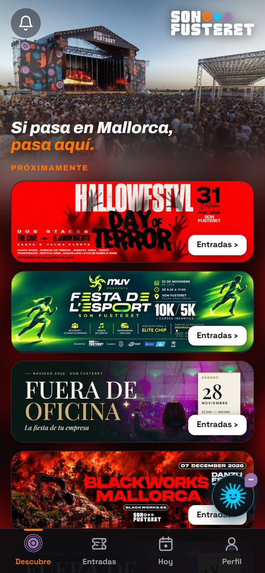 Portada de la app de Son Fusteret con los próximos eventos y su botón de entradas
