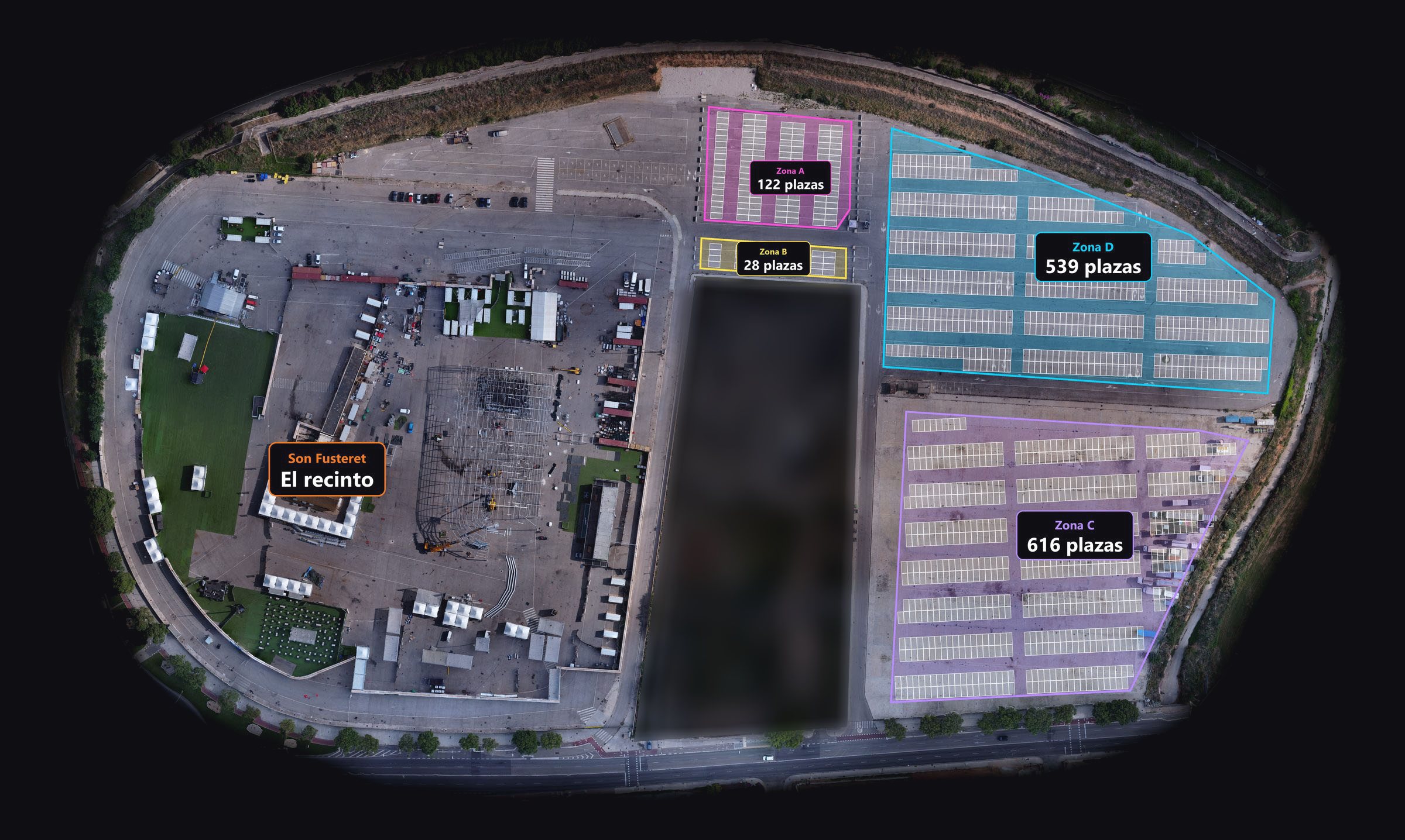 Vista aérea del recinto de Son Fusteret y de la explanada de aparcamiento, con las cuatro zonas marcadas: C con 616 plazas, D con 539, A con 122 y B con 28